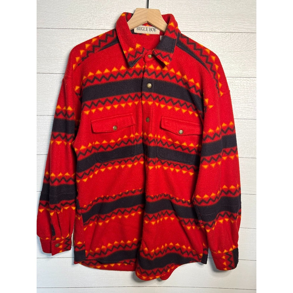 Vintage Bugle Boy Mens Medium Fleece Shirt Jacket Aztec Southwestern Red M